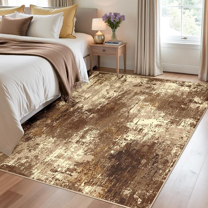 RELEANY Washable 4'x6' Abstract Area Rug for Living Room Brown Tan | Carpet for Bedroom, Kitchen, Office, Hallway and Entryway, Printed Pattern, Non‑Slip, Soft, Stain‑Resistant, Easy to Clean