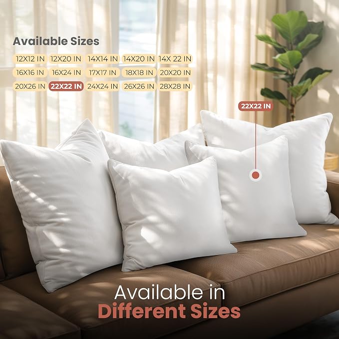 Utopia Bedding 22x22 Pillow Inserts, White Throw Pillows for Couch, 2 Pack | 100% Virgin Filling, Indoor Cushion Inserts for bed, sofa & couch, Extra Filled, Supportive & Fluffy Decorative Pillows