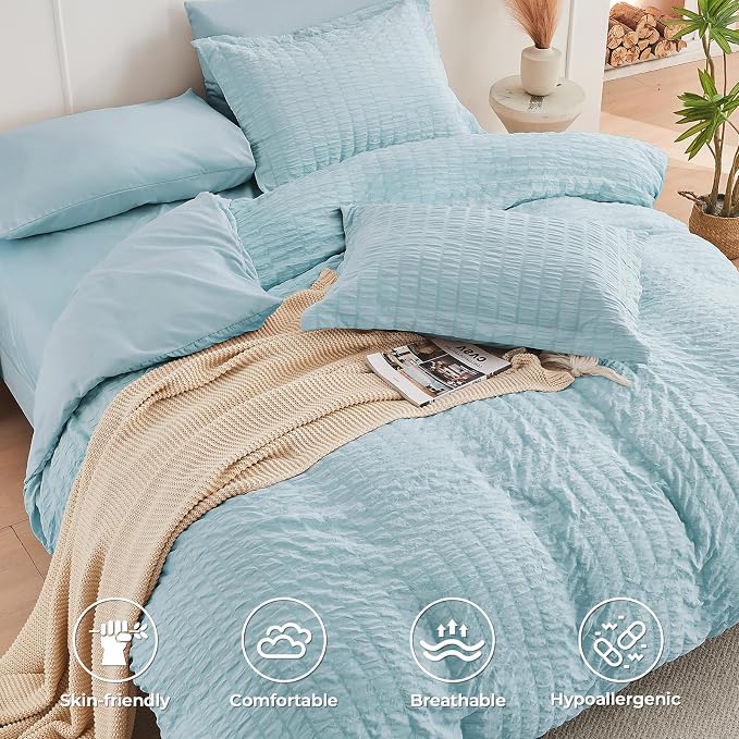 HYMOKEGE Lake Blue Oversized King Comforter Set Seersucker 7 Pieces, All Season Luxury Bed in a Bag for Bedroom, Bedding Set with Comforter, Sheets, Pillowcases & Shams