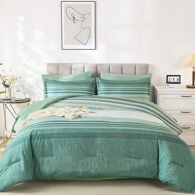 Dobuyly Comforter Set Queen Size 7 Piece, Boho Striped Sage Green Bed in a Bag Queen Soft Microfiber Bedding Sets with Comforter, Sheets, Pillowcases & Shams All Season