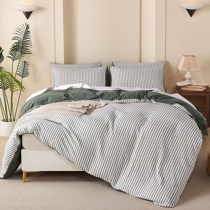 Comforter Set King Size Green Soft Luxury Washed Microfiber Jacquard 3 Pieces Bedding Set, White Green Vertical Ticking Stripes Pattern Comforter with 2 Pillowcases Breathable Durable Comfy