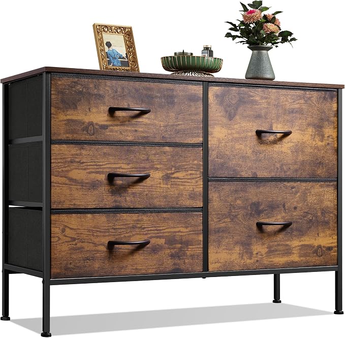 WLIVE 5 Drawer Fabric Dresser for Bedroom, Wide Storage Chest, Rustic Brown | 5-drawer wide fabric dresser with steel frame, multipurpose bedroom living room hallway dorm closet storage organizer