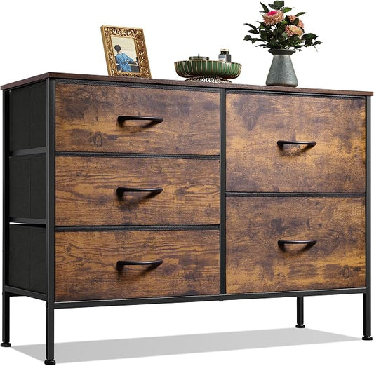 WLIVE 5 Drawer Fabric Dresser for Bedroom, Wide Storage Chest, Rustic Brown | 5-drawer wide fabric dresser with steel frame, multipurpose bedroom living room hallway dorm closet storage organizer