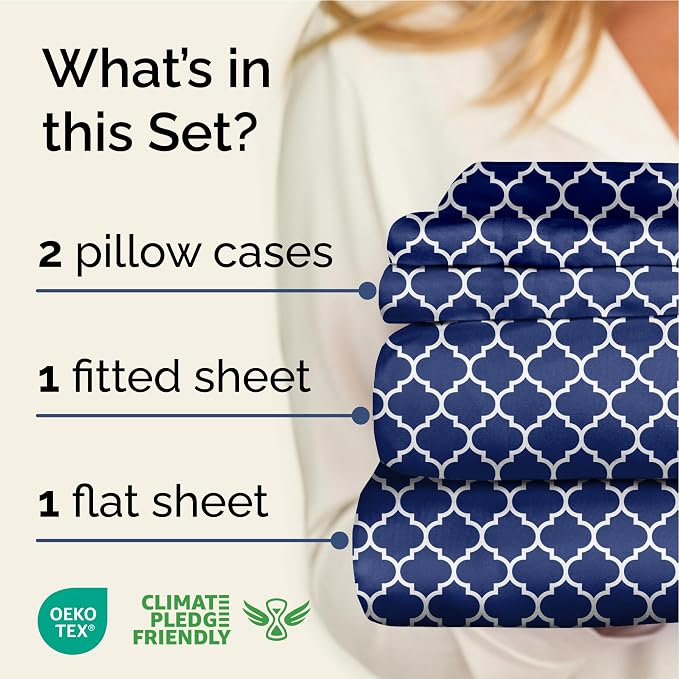 King 4 Piece Striped Sheet Set - Breathable & Cooling - Navy Quatrefoil | 1 Flat, 1 Fitted & 2 Pillowcases w/ Deep Pockets, Luxury Striped Bedding, Soft, Breathable & Cooling, Wrinkle & Fade Free