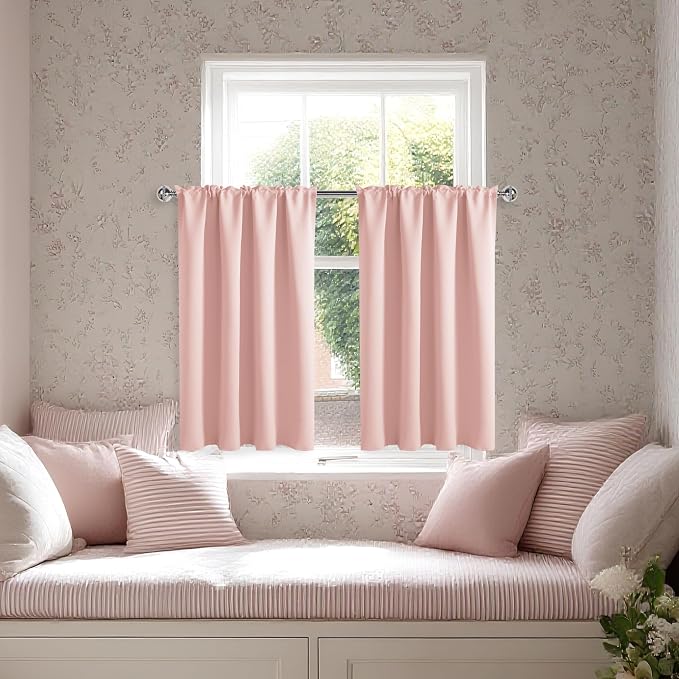 DWCN Short Blackout Curtains 52 x 36 Inch for Kitchen RV Bunk Blush Pink | 2 Panels Set, Kitchen Window Curtains Over Sink, Thermal Insulated, Light Blocking, Rod Pocket Drapes for Small Window