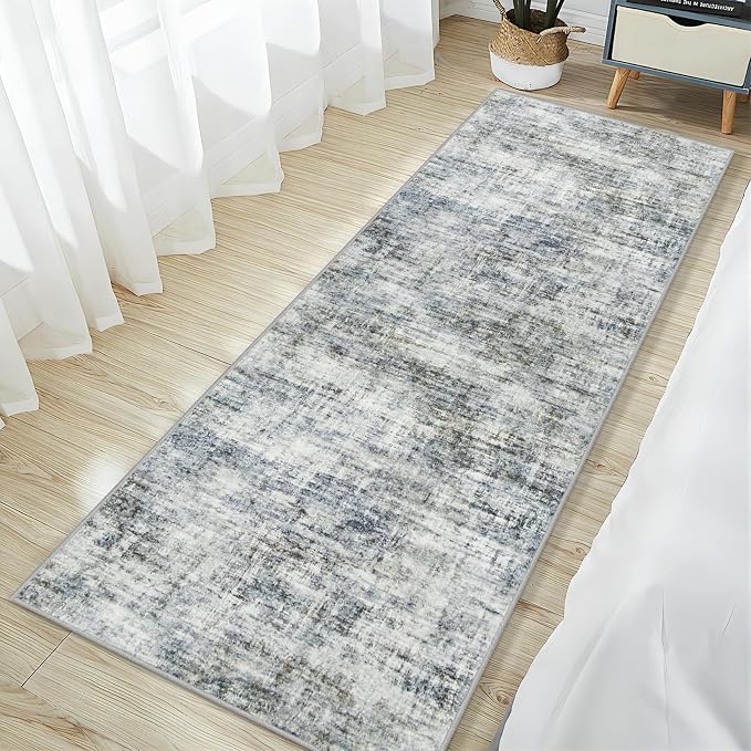 2'6''x8' Runner Rugs Washable Rug:Modern Abstract Hallway Blue Multi Carpet | Non-slip TPE backing makes this washable soft low-pile rug safe & durable, Pet-friendly decor for dining room,nursery,office
