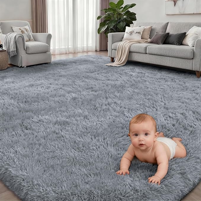 9x12 Area Rug Living Room Bedroom: Fluffy Plush Shag Carpet Gray | For Kids Room Playroom Nursery Home Decor,Ultra Soft,Non-Slip Non-Shedding,Fuzzy Plush,Large Indoor Floor Carpet,Easy Clean