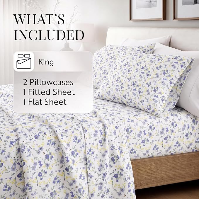Linen Market 4 Piece King Sheet Set - Breathable, Double-Brushed Patterned Cooling Sheets – Oeko-TEX Certified Ultra Soft & Wrinkle-Free 16" Deep-Pocket King Sheets - Easy Care Blossoms Light Blue