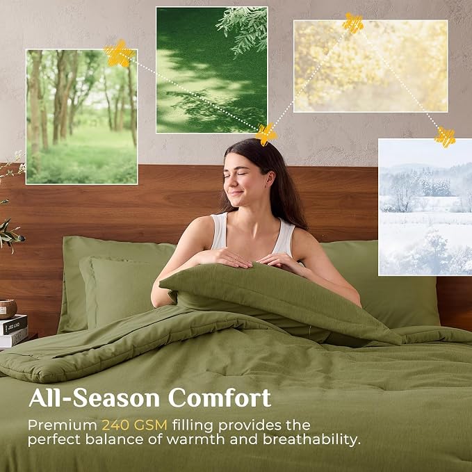 JOLLYVOGUE Olive Green King Comforter Set, Cationic Dyeing Bed in a Bag King 7 Pieces, Double-Tone Bedding Set with Down Alternative Comforter, Sheets, Pillowcases & Shams