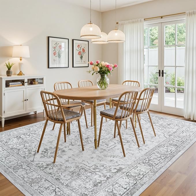 8x10 Washable Area Rugs for Living Room Grey Non-Slip Rug | Vintage Medallion Rug，Soft Low Pile Large Rugs，Indoor Retro Carpet for Bedroom Nursery Dining Table Farmhouse Home Office
