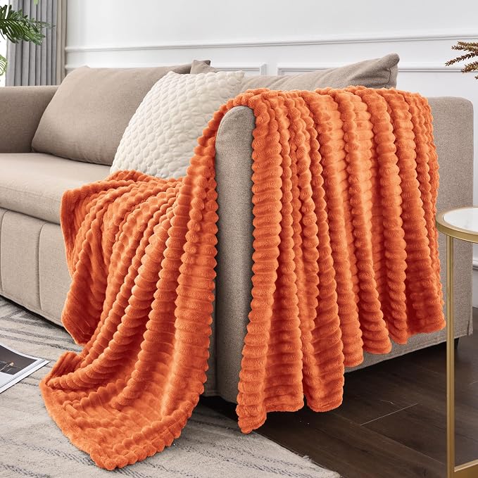BEDELITE Ribbed Burt Orange Fleece Twin Fall Throw Blanket for Couch, 60x80 | Soft Warm Fluffy Blanket for Bed Sofa College Dorm Room Fall Decor, Luxury Cozy Birthday Gifts for Women Girls, Lightweight