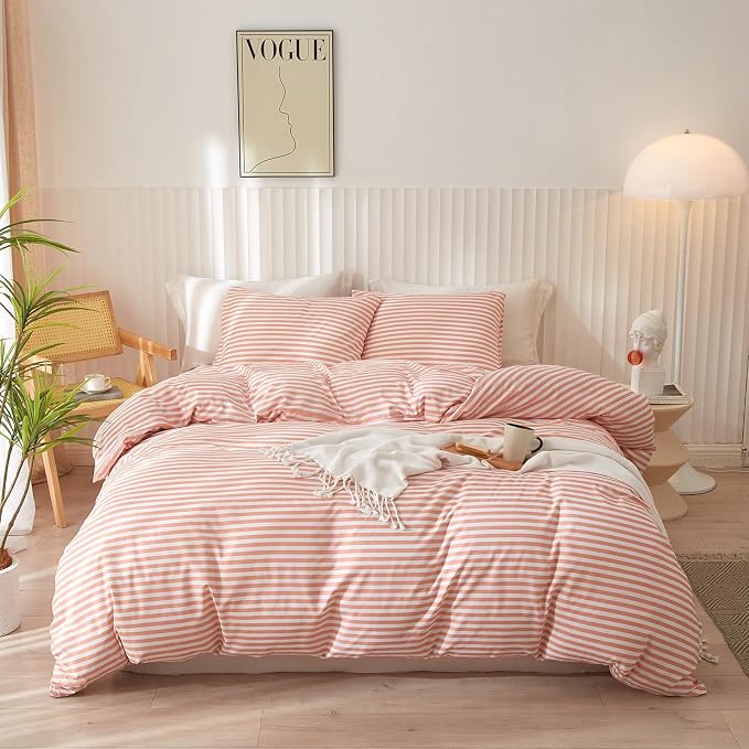 Full Comforter Set Pink White Stripes Pattern Comforter Full Modern Style Striped Comforter with 2 Pillowcases Lightweight 3 Pieces Boho Bedding Comforter Farmhouse Striped Fluffy Comforter Set