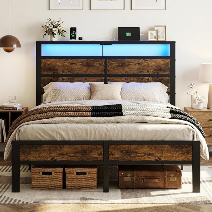 Full Size Metal Bed Frame with Storage Headboard, LED Lights | USB Charging Station , Brown Metal Platform Bed, Sturdy Slats, No Box Spring Needed, Easy Assembly, Noise Free