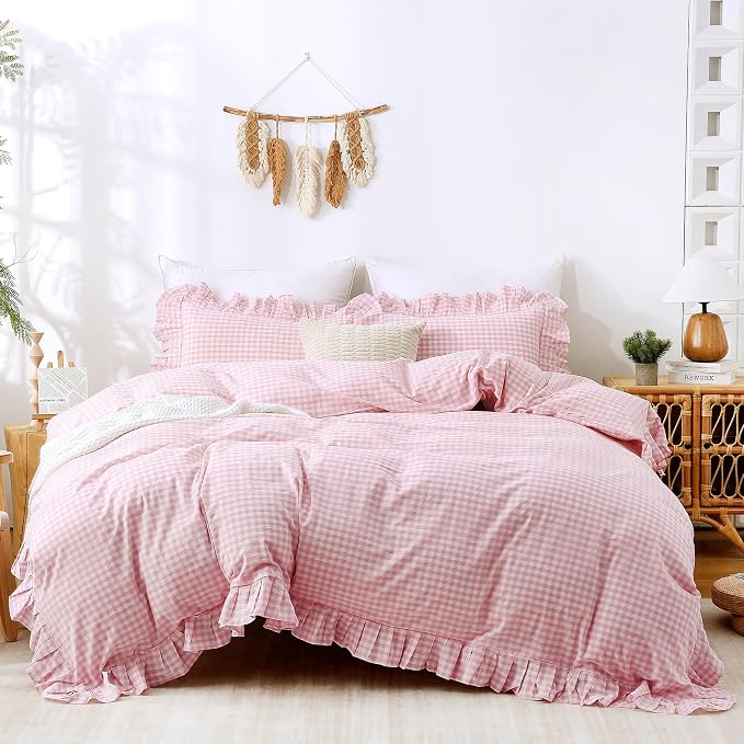 ATsense Pink Gingham Ruffle Duvet Cover Set Cotton Like Linen, King | 100% Washed Cotton Linen-Like Feel Soft, Breathable & Comfy. Cute Bedding Set with Zipper & 8 Ties. 3 Pcs, No Insert
