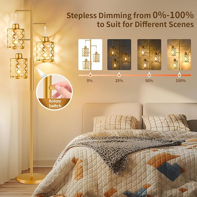 72" Modern Tree Floor Lamp, Dimmable Industrial Tall Standing Lamp with Metal Cages & Rotary Dimmer Knob, Corner Decor Lighting for Living Room Bedroom Cafe, 3 x 800LM Bulbs Included - Gold
