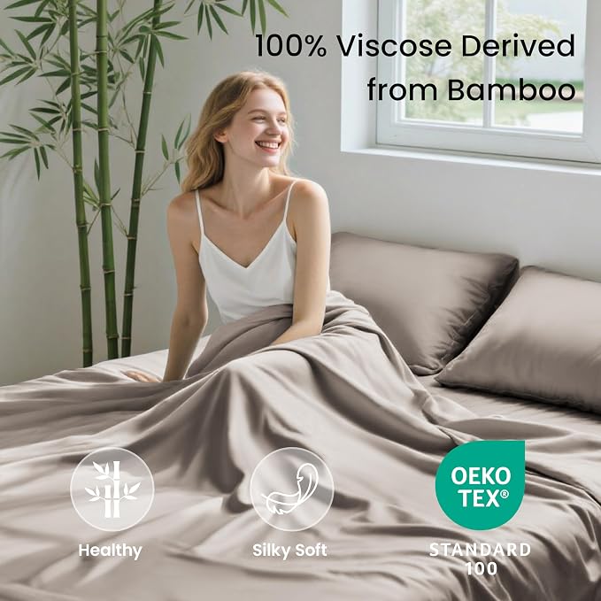 Love's cabin 3 Piece Twin Sheet Set, 100% Rayon Derived from Bamboo, Cooling & Breathable, Soft Silky Deep Pocket up to 16", Hotel Luxury Bedding for Hot Sleepers, Light Tan