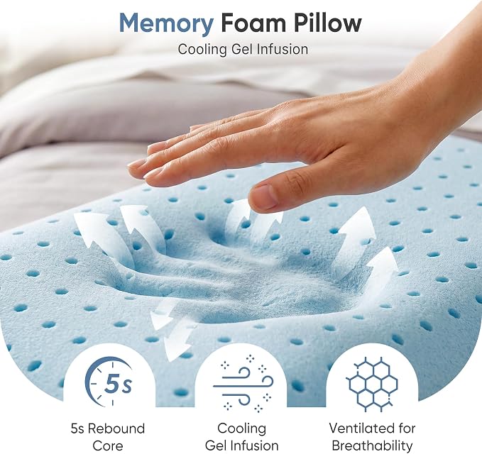 Sweetcrispy Cooling Gel Memory Foam Pillows for Sleeping, Back and Side Sleeper Support, Standard Size and Medium Firm, Bed Pillows for Adults with Washable Cover and Breathable Mesh – 2 Pack, White