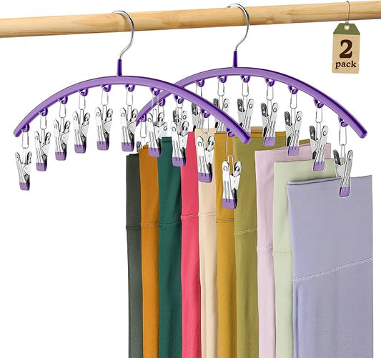 Volnamal Legging Organizer for Closet,2 Pack Metal Yoga Pants Hanger-Purple | Clothes Hanger w/10 Clips Hold 20 Leggings,Space Saving Hanging Closet Organizer College Dorm Essentials Apartment Essential