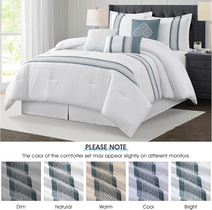 7 Piece Comforter Set, Blue White, King Size, Boho Style Geometric Microfiber Embroidery, Bed in a Bag with Bedskirt, Pillow Shams and Decor Pillows