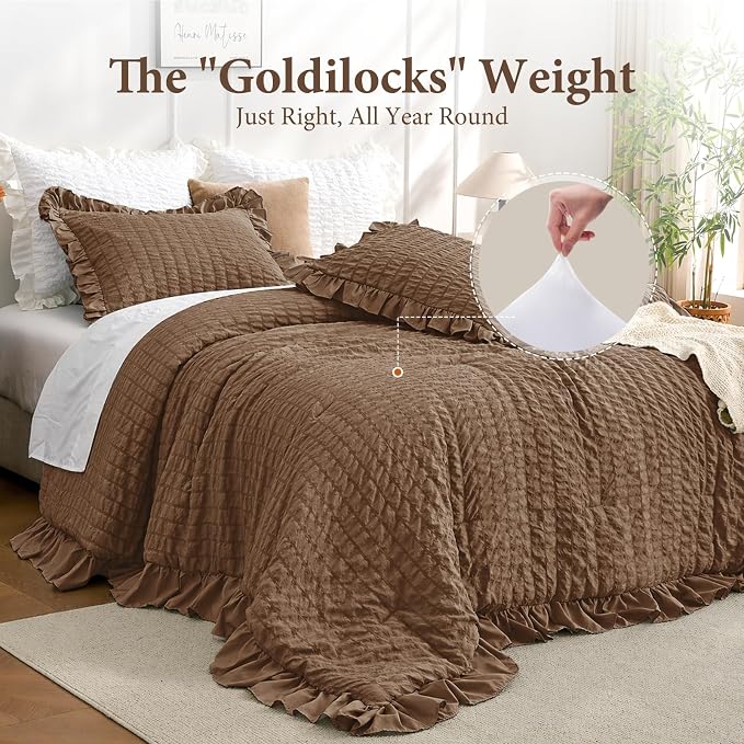 JOLLYVOGUE Oak Brown Twin/Twin XL Comforter Set, 2 Pieces Seersucker Lightweight Fluffy Bedding Set, Twin Ruffle Comforter, All Season Soft Microfiber Shabby Chic Bed Set