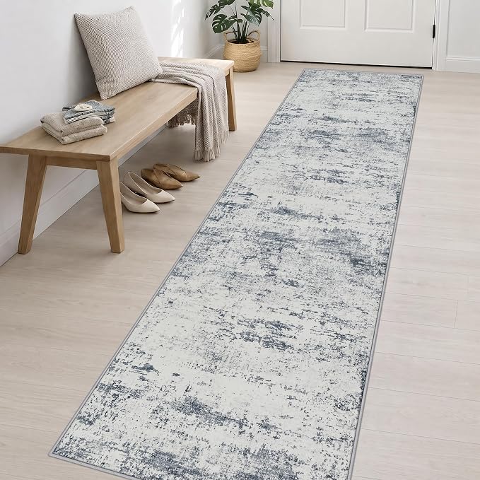 2.6x14 Washable Runner Rug:Modern Abstract Soft Carpet Blue Grey | For Hallway, Bedroom, Kitchen, Laundry, Bathroom,Door Mat,Modern Abstract,Machine washable,Non-Slip,Stain Resistant,Indoor