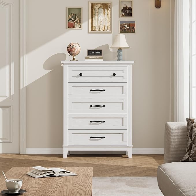 GarveeHome 5 Dresser for Bedroom, 41.3 in Tall Vertical Drawer Dresser with Large Storage, Freestanding Wooden Closet Chest for Bedroom, Living Room, White