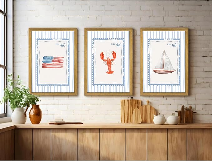 Wood Framed Blue Beach Stamp Set of 3 Canvas Poster Coastal Granddaughter Room Wall Art Decor Vintage Preppy Aesthetic Prints Artwork for Girly Dorm Apartment Ocean Home Decoration 12x16 Inch