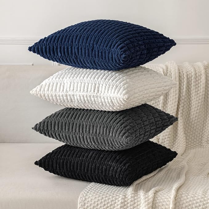 MIULEE Euro Sham Corduroy Decorative Throw Pillow Covers 24x24 Navy Blue | Pack of 2 Soft Boho Striped Pillow Covers Modern Farmhouse Coastal Home Decor For Sofa Living Room Couch Bed