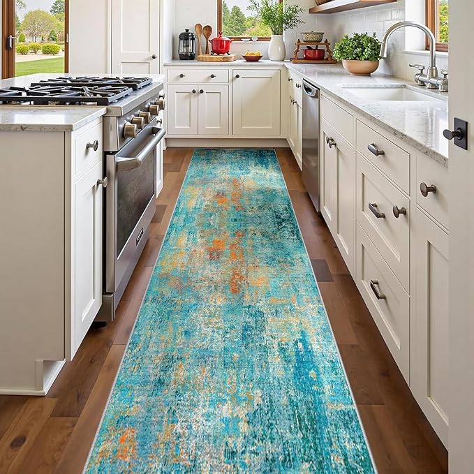 RELEANY Washable Runner 2'x10' Abstract Area Rug for Hallway Teal Multi | Carpet for Kitchen, Entryway, Bathroom, Living Room, Bedroom, Printed Pattern, Non‑Slip, Soft, Stain‑Resistant, Easy to Clean