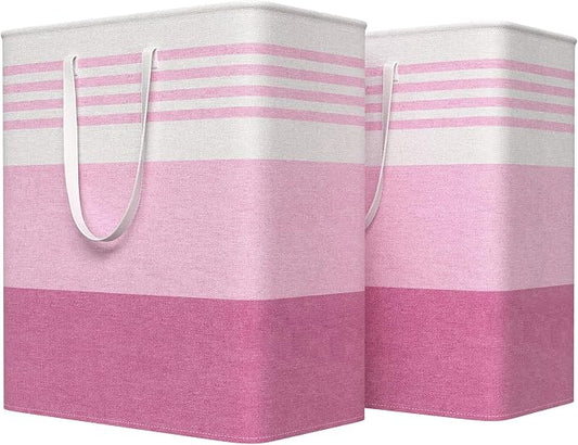 WOWBOX 2 Pack Laundry Baskets, Collapsible Dirty Clothes Laundry Hampers | with Reinforced Handles, Waterproof Coating, 2 Pack for Clean & Dirty Clothes, for Bedroom, Bathroom, Dorm (100L Pink)