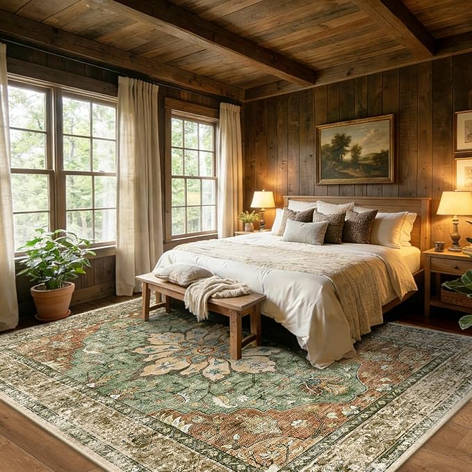 RELEANY Washable Area Rug, Large 10'x12', Brick/Brown/Green | Non-Slip, Water Repellent, Pet Friendly, Easy to Clean, Vintage Floral Boho Decor for Living Room Bedroom Dining Room