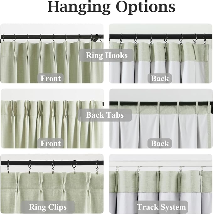 WEST LAKE Linen Blended Full Blackout Curtain Panels 102 Inches Long | Soft Green Pinch Pleated Drapes for Bedroom,Thermal Insulated Window Treatment Home Decor,Back Tabs Hooks,60"Wx102"Lx1