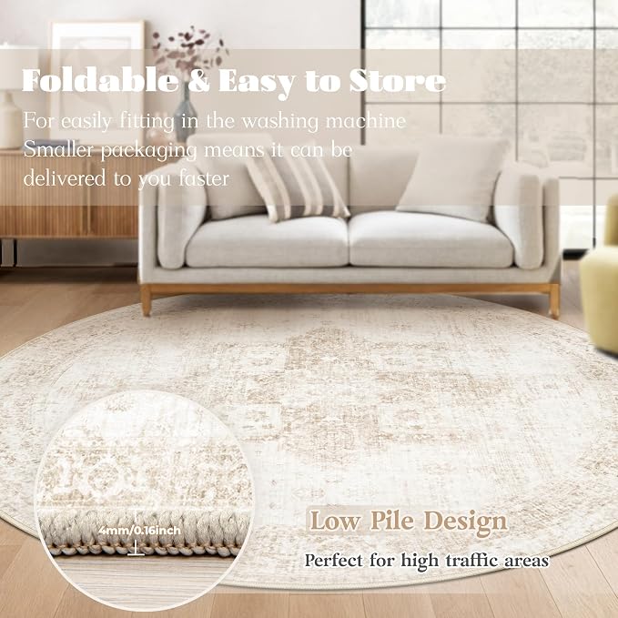 Round Rugs 6ft Washable Rug, Vintage Boho Medallion Rugs Non-Slip Soft Low Pile Circle Distressed Rug Indoor Retro Carpet for Living Room Bedroom Dining Room Home Office (Beige, 6' Round)