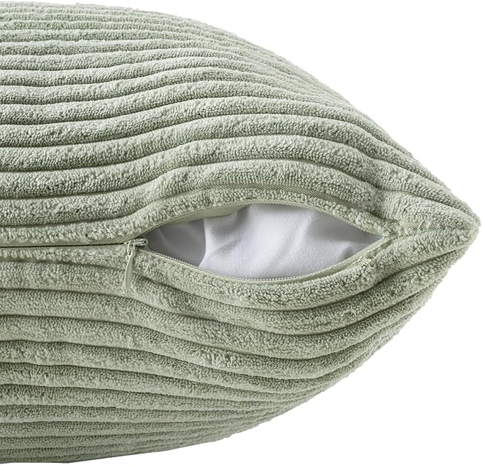 Volcanics Set of 4 Sage Green Corduroy Couch Throw Pillow Covers 18x18 in | Decorative Western Modern Farmhouse Striped Cushion Cases, Soft Boho Square Accent Pillow Covers for Home Sofa