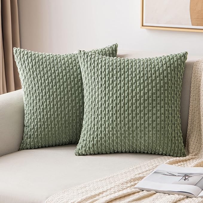 MIULEE Euro Sham Decorative Throw Pillow Covers 24x24 Sage Green Corduroy | Textured Striped Pack of 2 Striped Pillow Covers Modern Farmhouse Home Decor for Couch Bed Sofa Living Room