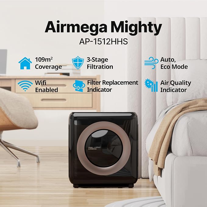 COWAY Air Purifier for Home Up to 1,575ft², App-Enabled Smart Technology, Compatible with Amazon Alexa, HEPA Filter for Smoke, Allergies, Odor, Auto Mode, Airmega AP-1512HHS Black