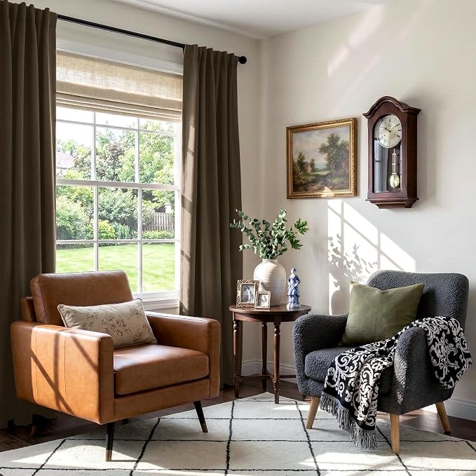 Faux Linen Total Blackout Curtains for Bedroom 102 Inches Long, Dark Brown | 100% Blackout Shield, Back Tab/Rod Pocket Living Room Drapes, Thermal Insulated Blackout Curtains 2 Panels Set, 50"W x 102"L