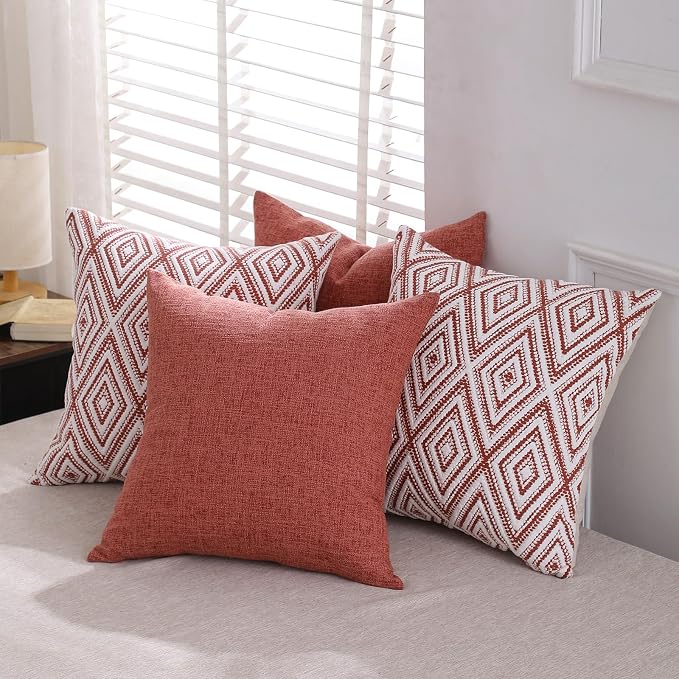 HPUK Throw Pillow Covers 18x18, 4 Pack, Coral Textured Couch Pillow Covers | Polyester fabric, patterned and solid designs, hidden zippers, machine washable, for sofas and beds, inserts not included