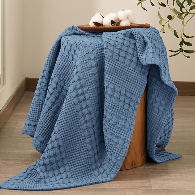 PHF Lightweight 100% Cotton Waffle Throw Blanket for Couch, Denim Blue | Pre-Washed Soft Cotton Comfort, Breathable Layering Warmth for Fall & Winter, Office, Travel, Sofa, Home Decor & Gifts