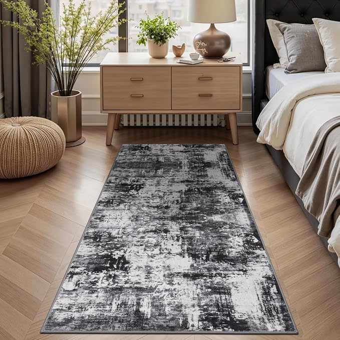 Rugflix 2x6 Runner Rug for Hallway, Washable Black Grey Kitchen Runners | Machine Washable; Stain-Resistant; Low Pile; Non-Slip; Modern Abstract; Carpet for Bedroom Bathroom Laundry