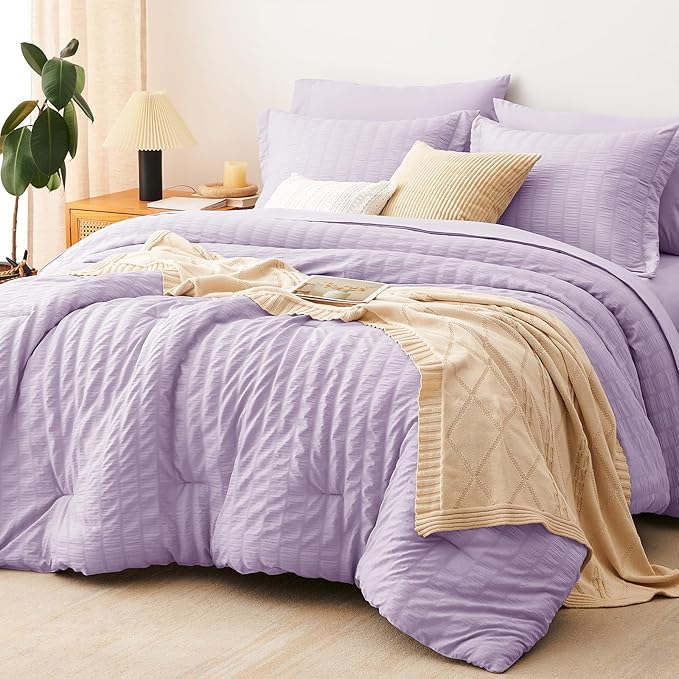 King Comforter Set, 7 Pieces Light Purple Seersucker Bed in a Bag | OEKO-TEX Certified, All Season Bedding Set with 240 GSM Down Alternative Comforter, Flat & Fitted Sheets, Pillowcases & Shams