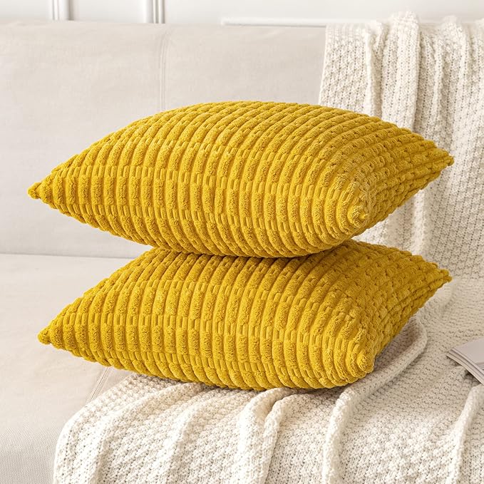 MIULEE Decorative Throw Pillow Covers 20x20 Mustard Yellow Pack of 2 | Soft Corduroy Boho Striped Pillow Covers Modern Farmhouse Home Decor For Sofa Living Room Couch Bed
