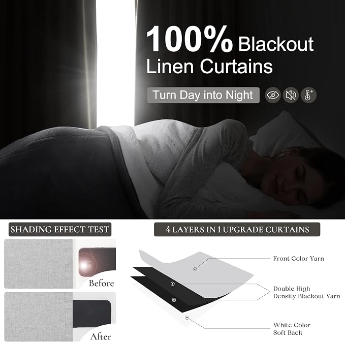 Light Grey Blackout Curtains 90 Inch Length 2 Panels Set for Bedroom, Modern Faux Linen Room Darkening Pleated Gray Burg with Rod Pocket Back Tab Insulated Curtain for Office Sunroom (50"Wx90"Lx2 )