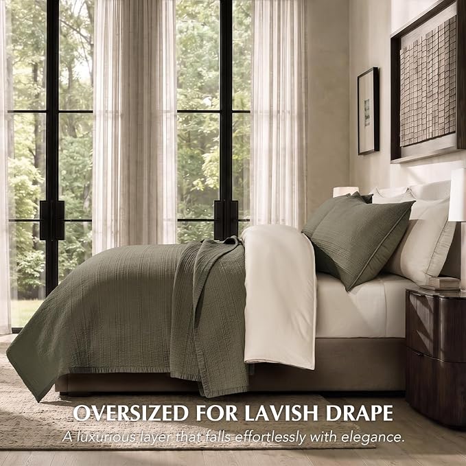 EVERGRACEHOME Cotton Sateen Channel Quilt Set, King Size, Moss Green | 100% Cotton, Pre-Washed Soft Coverlet Bedspread, 3-Piece Refined Channel Stitch Bedding Set for All Season, 2 Pillow Shams