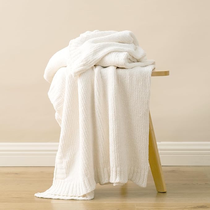 Chenille Throw Blanket for Couch, Knit Throw Blanket 51"x67", Ivory White | Shiny White Chenille Blanket, Neutral Throw Blanket, Soft Midweight Knitted Blanket for Sofa Bed Home Decor