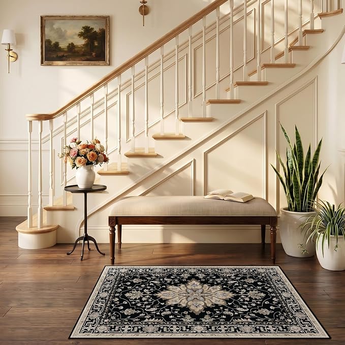 RELEANY Washable Area Rug, Small 2'6"x4', Black/Neutral | Non-Slip, Water Repellent, Pet Friendly, Easy to Clean, Vintage Floral Boho Decor for Kitchen Entryway Bathroom