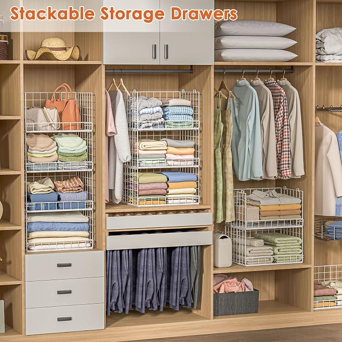 Yociyoga 8-Tier Stackable Closet Organizers and Storage Shelves, Foldable Closet Shelf Organizer, Stackable Storage Bins Drawers for Closet Organizer System, White(Patent No. 30022416)