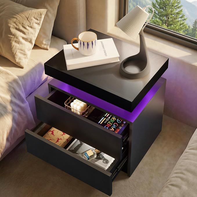 i-aplus Black Modern LED Nightstand Set of 2 with 2 Wood Drawer for Bedroom | Nightstands with App-Controlled RGB LED Lights, Night Stand with Storgae Drawer, Modern Bedside Table for Bedroom
