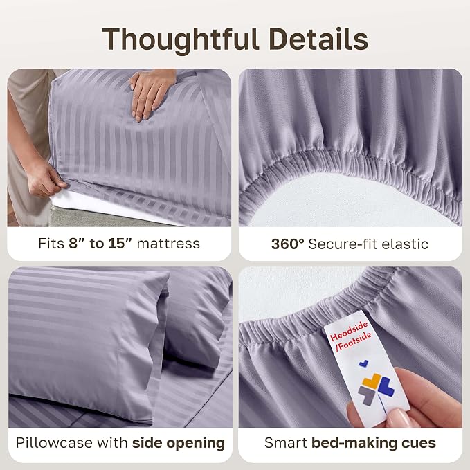 California Design Den 100% Cotton Sateen XL Twin Sheet Set, 3 Pcs | Soft 500 Thread Count Backed by Good Housekeeping Seal, All-Around Elastic, Easy Care, OEKO-TEX certified - Lavender Striped