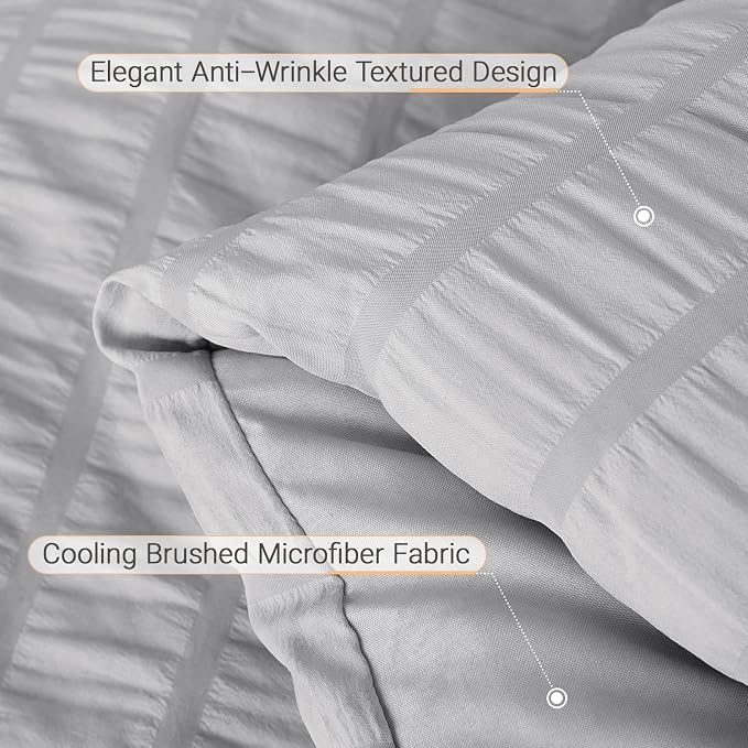7 Pieces King Comforter Set, Seersucker Bed in a Bag King Size, All Season Luxury Bedding Set with Comforter, Flat Sheet, Fitted Sheet, Pillowcases & Shams, Light Grey